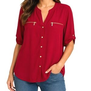 Joie de Vivre Women Red Button Front Roll Tab Sleeve Zipper Blouse XL 7134M03AV